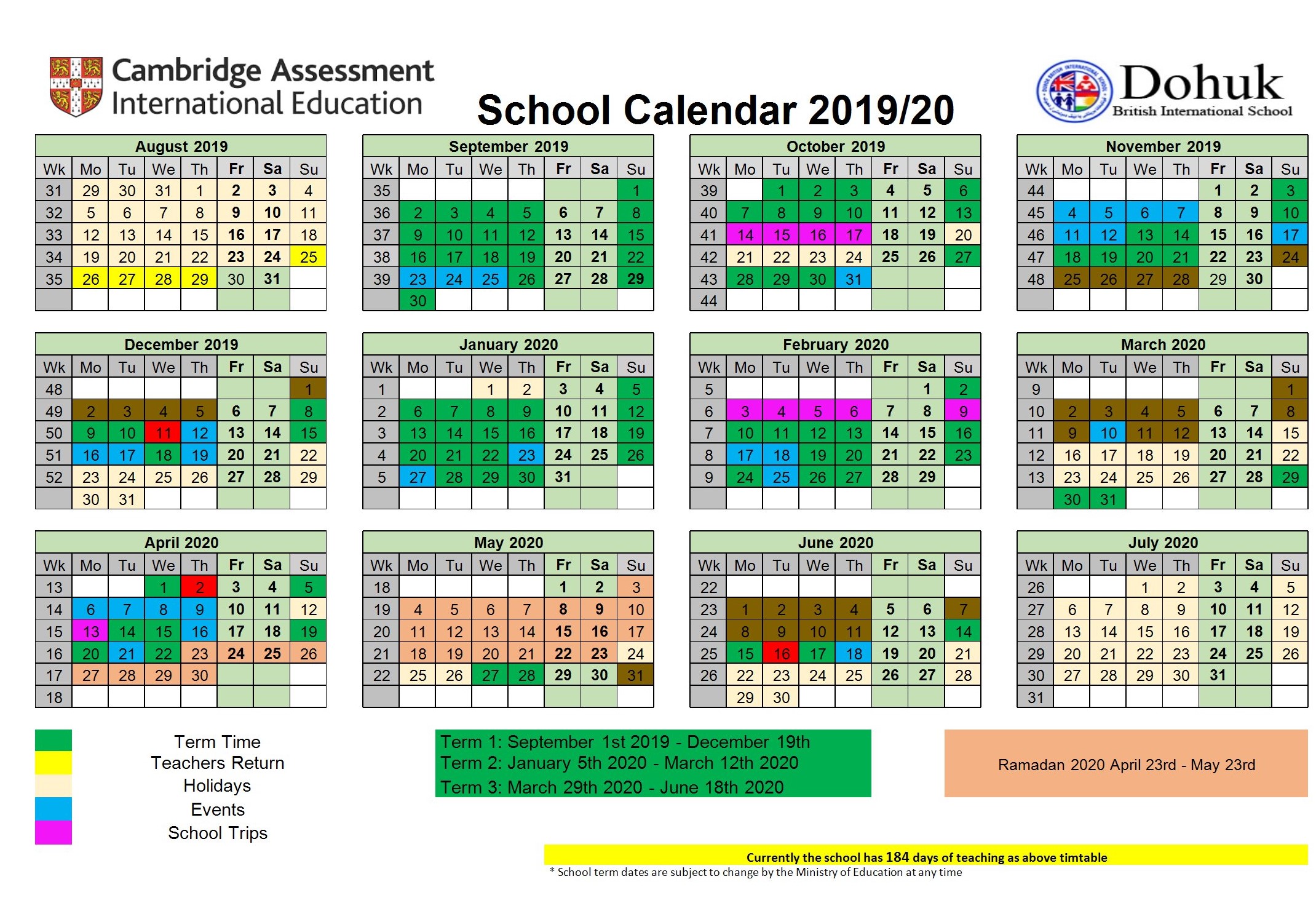 Academic Calendar Duhok British International School